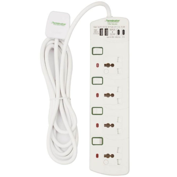 Extension Socket 4 Way 2M with USB 2500W